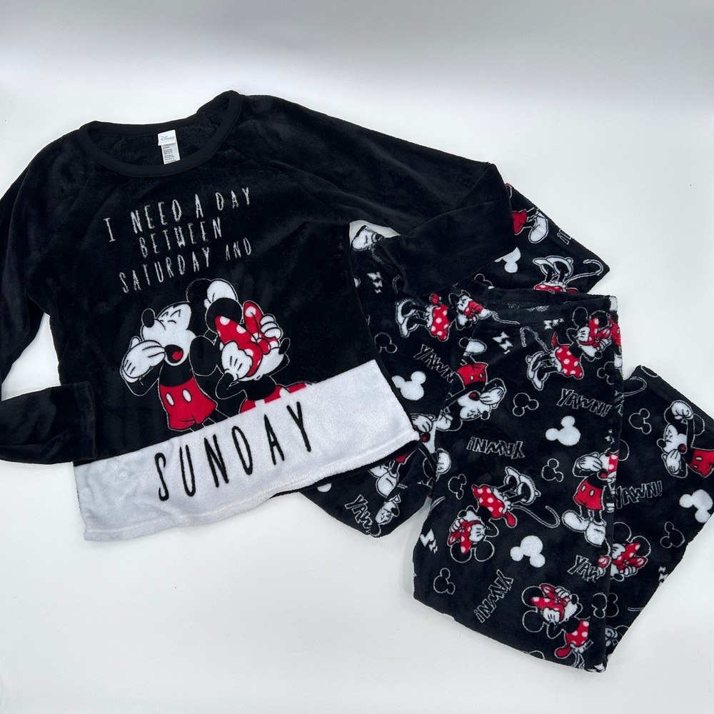 Disney Mickey Minnie Plush Pajama Set Women's Large 12-14 Black Fleece Cozy